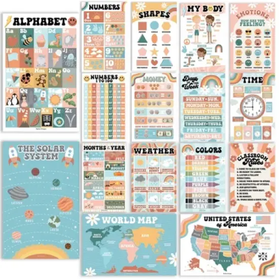 Hadley Designs Retro Boho Laminated Educational Posters for Toddlers (Set of 16) - Classroom Posters image {8}