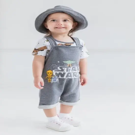 Star Wars Chewbacca R2-D2 Yoda Baby French Terry Short Overalls T-Shirt and Hat 3 Piece Outfit Set Newborn to Infant image {1}