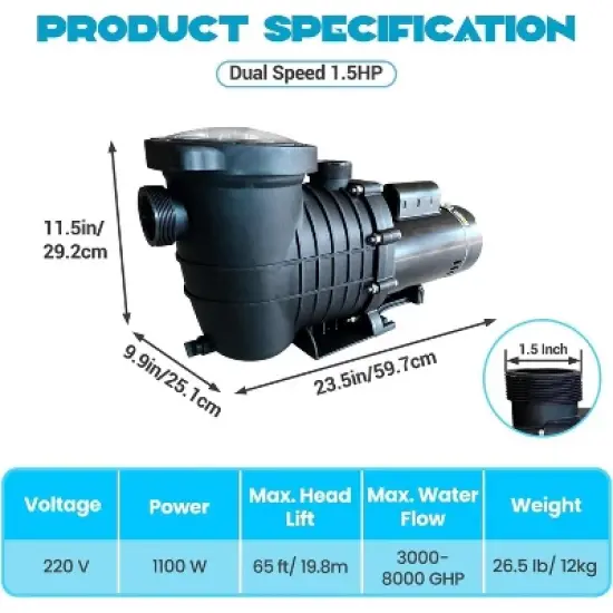 1.5HP Variable Speed Pool Pump 220V &ndash; 2-Speed Energy-Saving Motor, 3000-8000 GPH High Flow image {1}