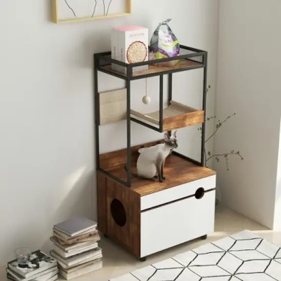 Lirago White Vintage Cat Litter Box Enclosure with Tower-48"H Pet Furniture 23.6x18.9 image {6}
