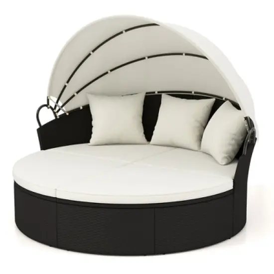 Tangkula Patio Round Daybed Wicker Daybed w/ Retractable Canopy Separated Seating Sectional Sofa image {10}