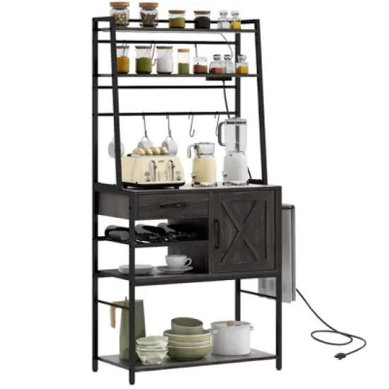 HOMCOM Kitchen Baker's Rack with Power Outlet, LED Lights, Microwave Stand with Storage Shelves, Wine Bottle Rack, Barn Door Cabinet image {3}