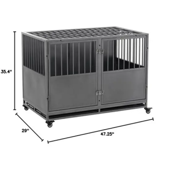 GustoWave 47'' Heavy-Duty Dog Crate with Double Door Wheels, Indoor Furniture Crate, Large Dog Kennel for Large Dogs, Carbon Steel, Silver image {1}