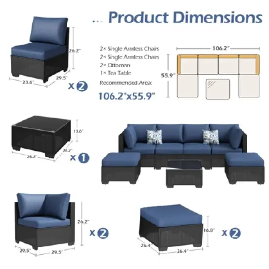 Rbied 7-Piece Wicker Outdoor Sofa Sectional Set Conversation Sets with Cushions and Footstool image {4}