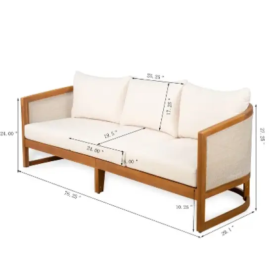 Christopher Knight Home Elrane Mid-Century Modern Patio 3-Seater Acacia Wood Sofa with Thick Cushions image {2}