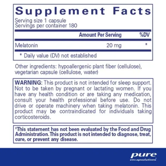 Pure Encapsulations Melatonin 20 mg - Not Intended for Sleep Support - Immune System - 99.5% Purity Melatonin - Gluten Free & Non-GMO image {1}