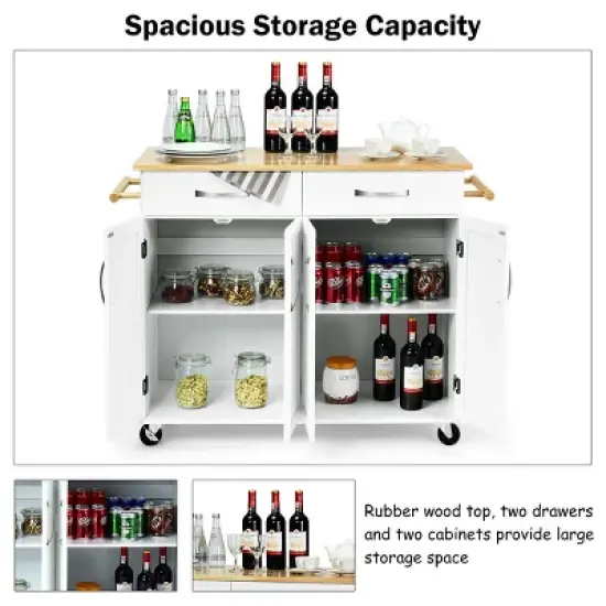 Costway Kitchen Trolley Island Utility Cart Wood Top Rolling Storage Cabinet Drawers White image {7}