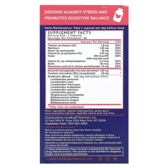 LoveBug Probiotics Complete Mood Probiotic with Organic Ashwagandha, 50 Billion CFU, 30 Count image {1}