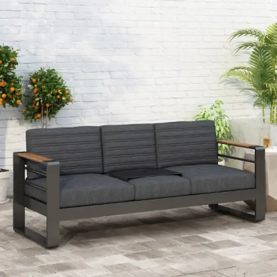 Christopher Knight Home Outdoor Aluminum 3 Seater Sofa with Water Resistant Cushions, Black Natural/Dark Gray image {1}