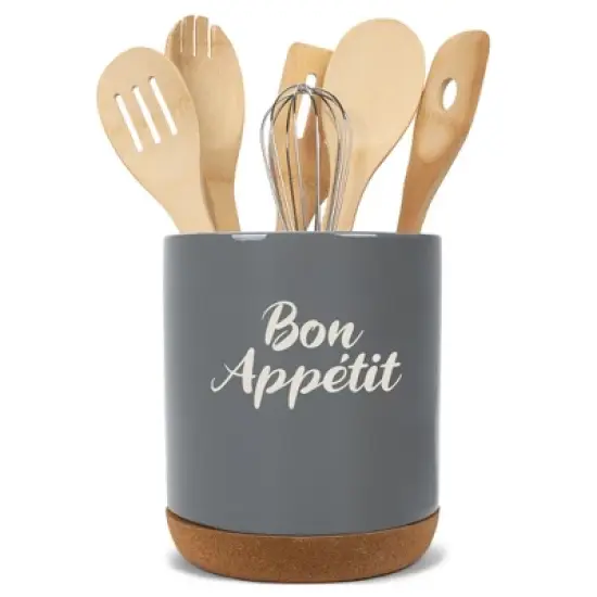 Elanze Designs Bon Appetit Chef Cooking Culinary Arts Ceramic Cork Bottom Gray Large Capacity Utensil Holder Crock for Countertop Storage, Stylish & image {4}