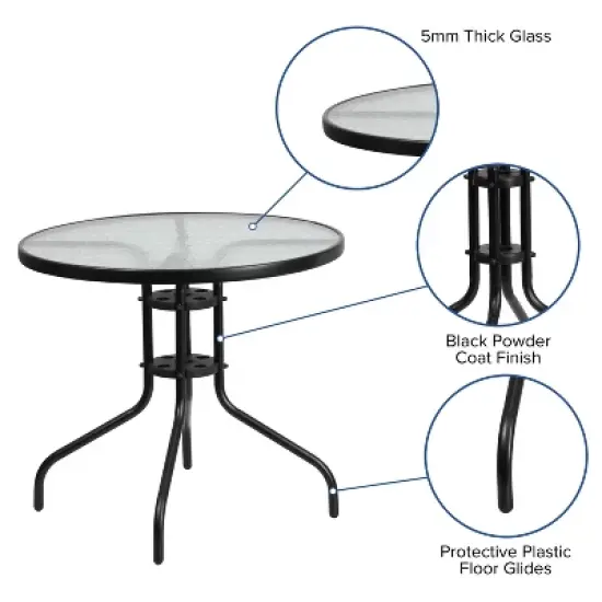 Emma and Oliver Five Piece Patio Table Set with Round Metal Table with Tempered Glass Top and 4 Flex Comfort Stacking Chairs image {2}