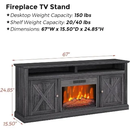 Acekool 67" Farmhouse TV Stand with Electric Fireplace, Remote Control & Adjustable Flames, Storage Cabinets image {2}