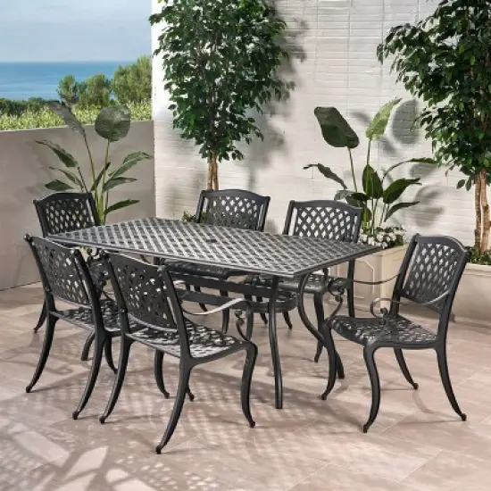 Christopher Knight Home Bonneville Outdoor Cast Aluminum 7 Piece Dining Set with Umbrella Hole, Antique Matte Black image {1}