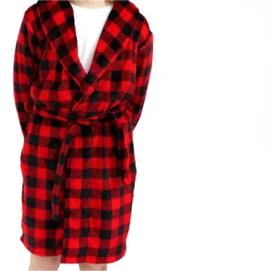 Sleep On It Boys Red Buffalo Plaid Plush Fleece Shawl Collar Robe with Matching Slippers image {5}