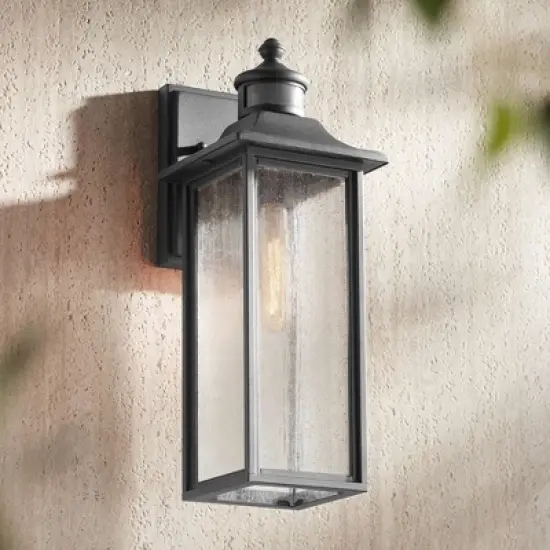 John Timberland Mission Outdoor Wall Light Fixture Black Dusk to Dawn Motion Sensor 16 1/2" Seeded Glass for Exterior House Porch image {1}