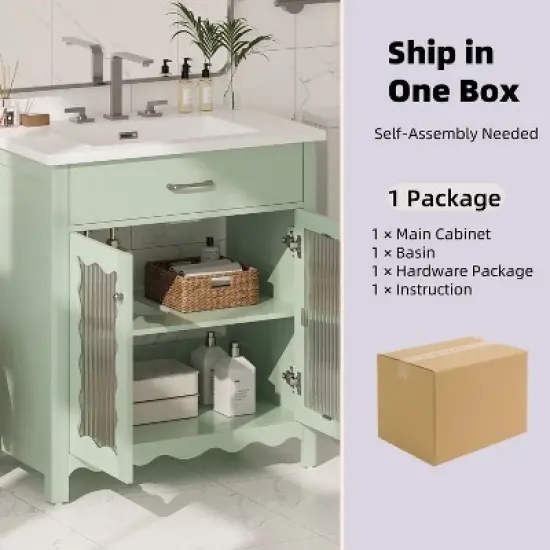 Christopher Knight Home Wiro Modern 31" Bathroom Vanity with Ceramic Sink, Tempered Glass Doors and Adjustable Shelves image {7}