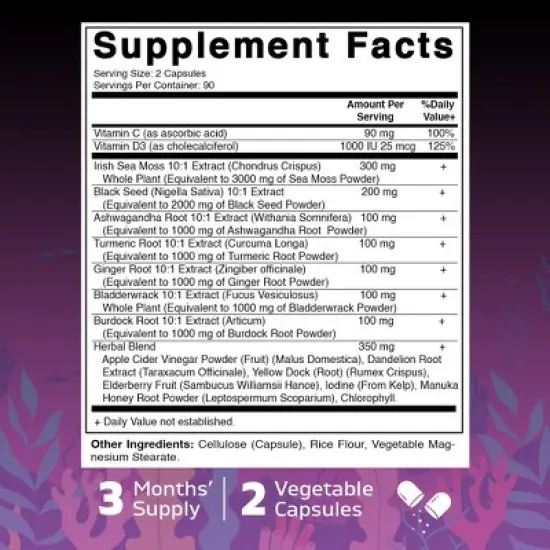 Sea Moss 3000mg with Black Seed Oil, Ashwagandha, Turmeric, Bladderwrack, Burdock - 180 Veg Capsules image {1}
