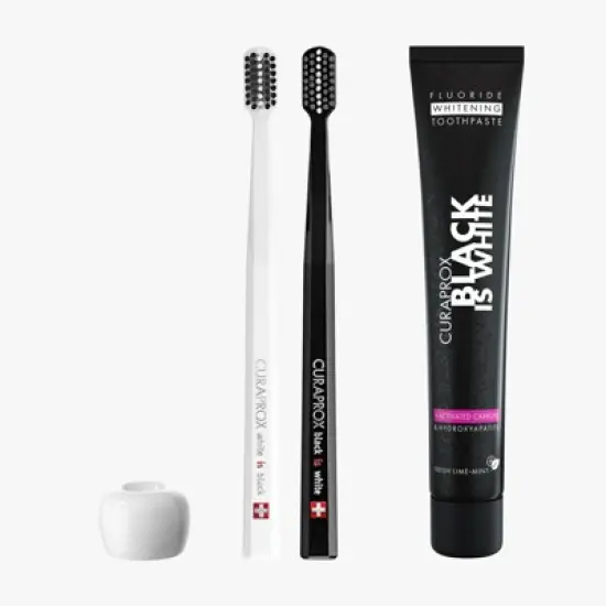 Curaprox White Edition Set &ndash; Extra Soft Black/White Toothbrush (2-Pack), Black Is White Toothpaste 90 ml, White Toothbrush Holder image {8}