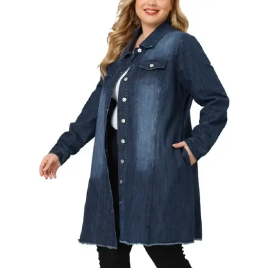 Agnes Orinda Women's Plus Size Long Sleeve Raw Hem Long Denim Jacket image {7}