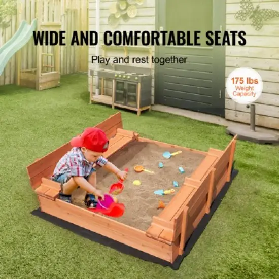 VEVOR Wooden Sandbox, 52.4 x 47.2 x 16.9 in Sand Box, Sand Pit with Foldable Bench Seats and Bottom Liner, Gift for Boys Girls Ages 3-12 image {5}