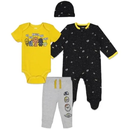Star Wars C-3PO Chewbacca R2-D2 Baby Mix N' Match Zip Up Sleep Play Coverall Bodysuit Jogger Pants and Hat 4 Piece Outfit Set Newborn  image {10}