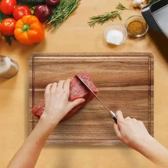 20x15 Inch Acacia and Bamboo Wood Cutting Board, Cheese and Charcuterie Board for Kitchen Use, Built-In Side Handles, Juice Grooves: image {7}