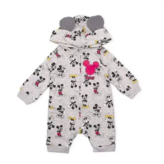 Disney Baby Boy's Mickey Mouse Graphic Printed Long Sleeve Zip Up Jumpsuit Coverall with Hood and 3D Ears for infant image {4}