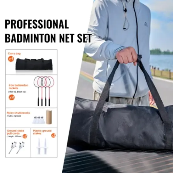 VEVOR Badminton Net Set, Outdoor Badminton Net, Adults Kids Badminton Net with Poles, Carrying Bag, 4 Iron Rackets, and 3 Nylon Shuttlecocks image {2}