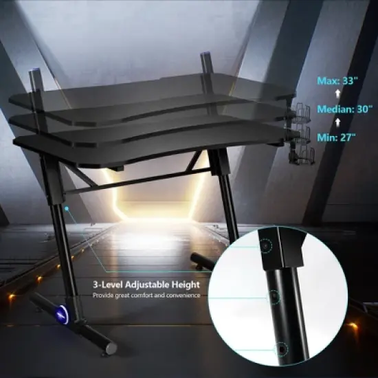 Costway Gaming Computer Desk Height Adjustable w/ LED Light & Gaming Handle Rack image {7}