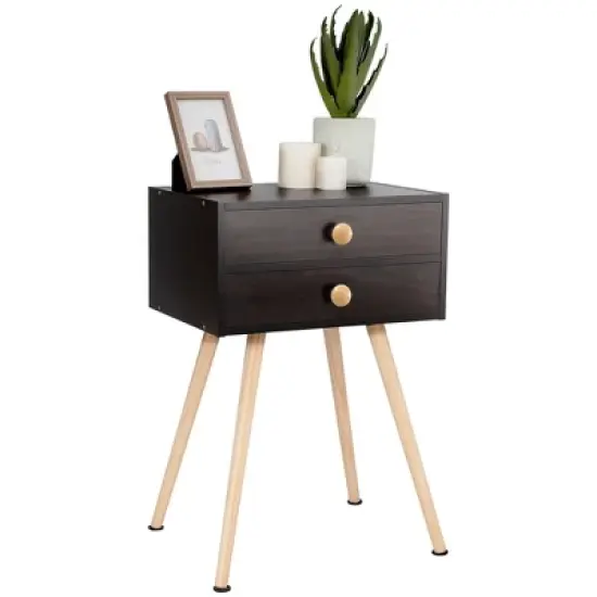 Costway 2 PCS Mid Century Modern 2 Drawers Nightstand Sofa Side Table End Table Espresso image {8}