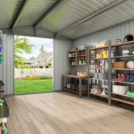 Sandinrayli 10 x 12 FT Outdoor Storage Shed, Large Metal Tool Sheds with Updated Frame Structure and Lockable Doors, Grey image {3}