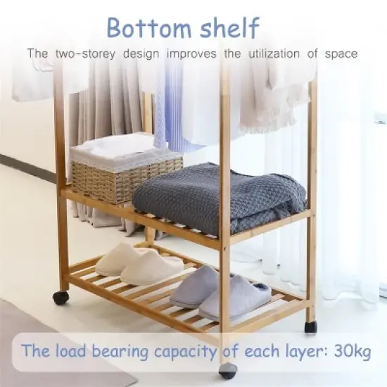 Artloge Heavy Duty Freestanding Bamboo Clothes Rail Shelf Rolling Garment Closet Wooden  Organizer Stand with 3 Tier Storage Shelf & Lockable Wheels image {4}