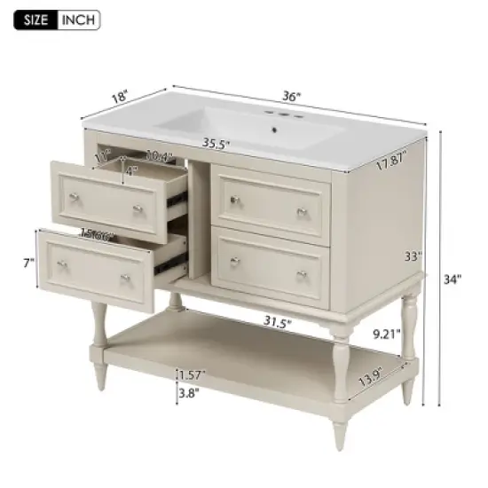 36" Bathroom Vanity with Undermount Ceramic Sink, Free-Standing Bathroom Cabinet with 4 Drawers, Solid Wood Frame, Beige/Black/White - ModernLuxe image {2}