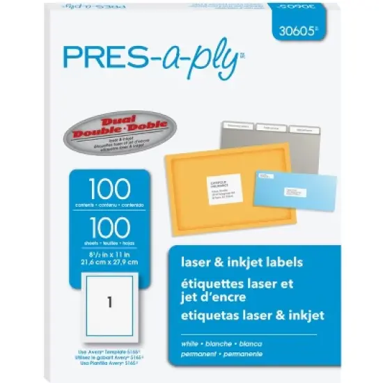 PRES-a-ply White Labels, 8-1/2" x 11", Permanent-Adhesive, 1-up, 100 labels image {5}