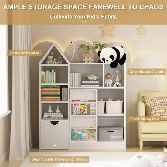 44" Kids Bookshelf Storage，Toy Organizer with Movable Drawers，Floor Storage Chest, Kids Reading Nook for Playroom Classroom image {3}