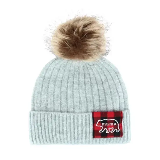 David & Young Women's Mama Bear Beanie Hat with Plaid Patch and Pom image {3}