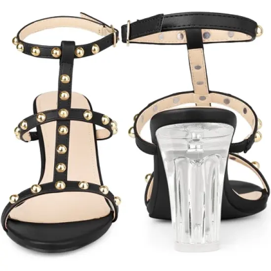 Perphy Studded Heel Ankle T-Strap Chunky Clear Heels Sandals for Women image {2}