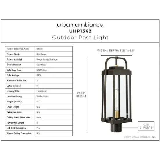 Urban Ambiance Luxury Transitional Outdoor Post Light 21.375''H x 8.25''W,  Olde Bronze Finish,  Orlando Collection, UHP1342 image {2}