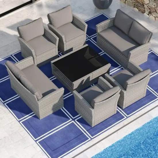 Costway 8 PCS Patio Furniture Set with 4 Rattan Chairs Loveseat Coffee Table Cushions image {3}