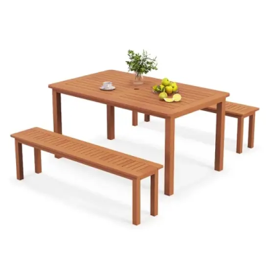 Tangkula Set of 3 Patio Dining Set Solid Wood Dining Table w/2 Benches 2" Umbrella Hole image {7}