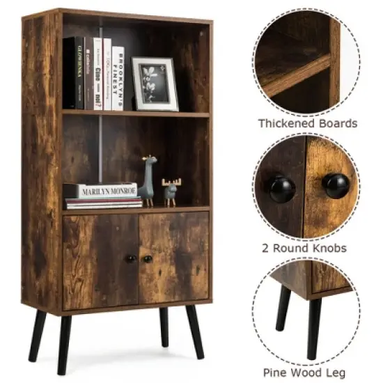 Costway 2-Tier Retro Bookcase Bookshelf w/3 Compartment&2 Doors Industrial Cabinet image {8}