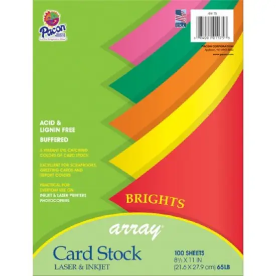 Pacon Bright Card Stock, 5 Assorted Colors, 8-1/2" x 11", 100 Sheets image {1}