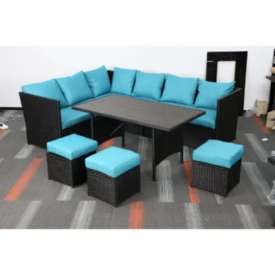 Cesicia 7-Piece Dark Blue Sofa Set, Garden Patio Wicker Sectional Sofa Set with Coffee Table Fit for Both Indoor And Outdoor image {3}