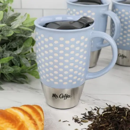 Mr. Coffee Coupleton Dot 4 Piece 15 Ounce Stoneware and Stainless Steel Travel Mug Set with Lid in Blue image {4}
