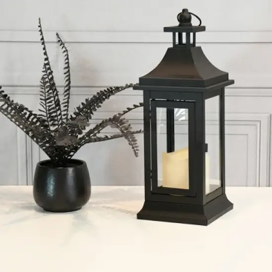 LumaBase Metal Lantern with Battery-Operated Candle - 13" Black image {2}