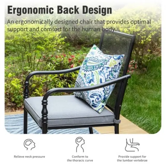 Captiva Designs 9pc Spacious Slat-top Rectangle Metal Table with Umbrella Hole & Fixed Steel Chairs with Gourd Head Armrests image {11}