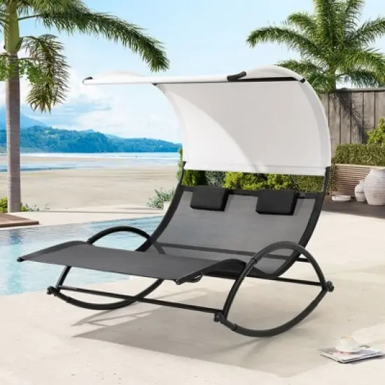 Crestlive Products Outdoor Double Sun Bed Chaise Lounge Chair Rocking Bed with Sun Shade & Wheels image {7}