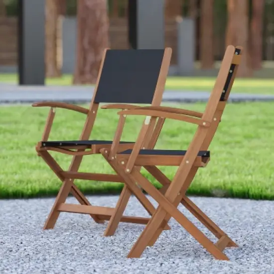 Emma and Oliver Set of Two Weather Resistant All Natural Acacia Wood Folding Bistro Chairs with Armrests and Textilene Mesh Seats and Backs image {3}
