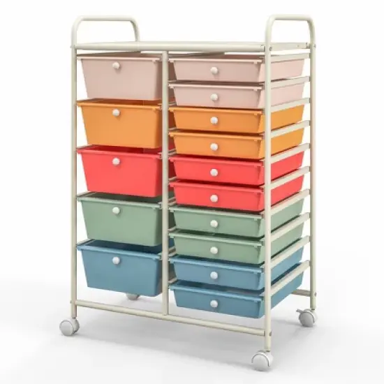 Costway 15 Drawer Rolling Storage Cart Tools Scrapbook Paper Office School Organizer Multicolored image {9}