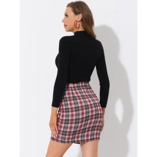 Allegra K Women's Plaid High Waist Side Zipper Bodycon Pencil Mini Skirt image {3}
